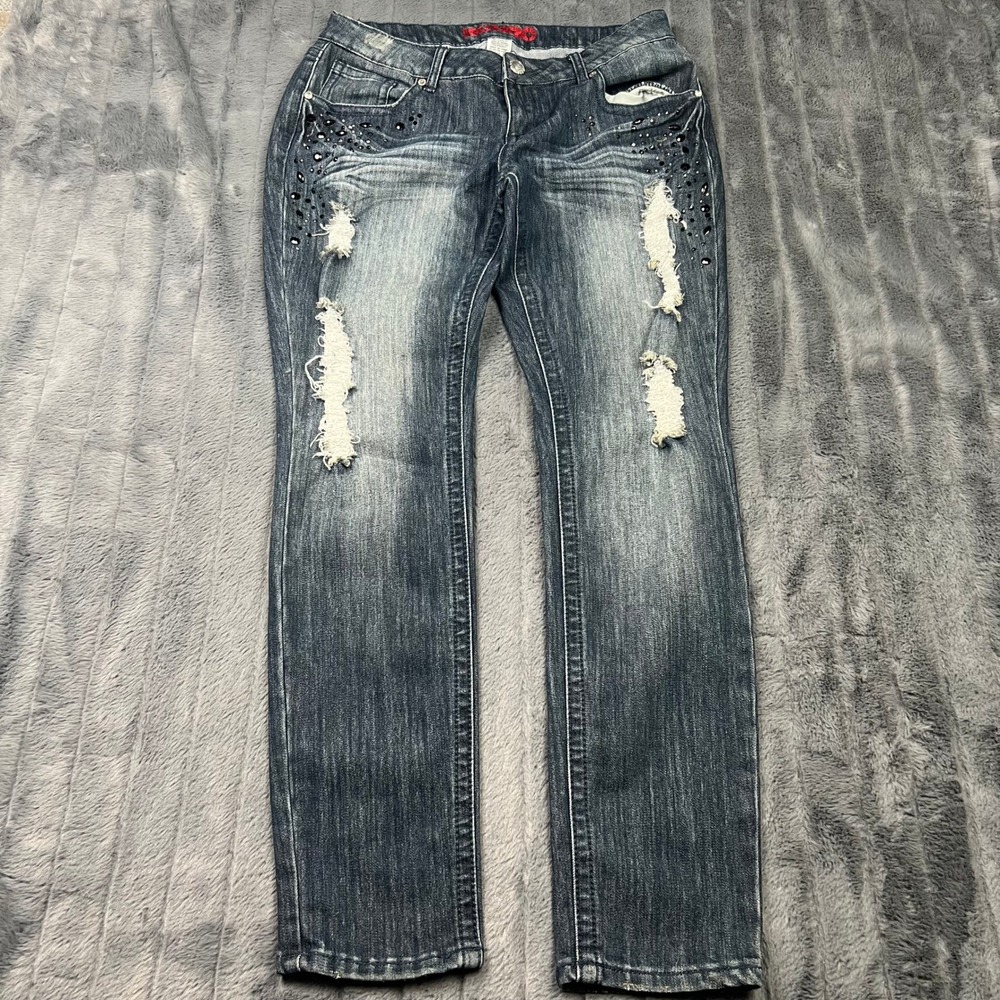 Bongo Women Distressed Rhinestone Studded Skinny Jeans Dark Wash Size 13 Y2K